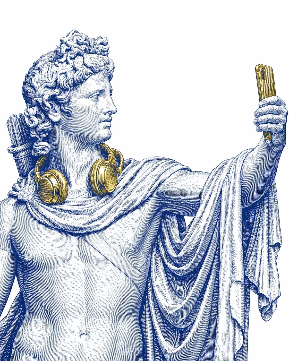 Apollo with golden headphones taking a selfie