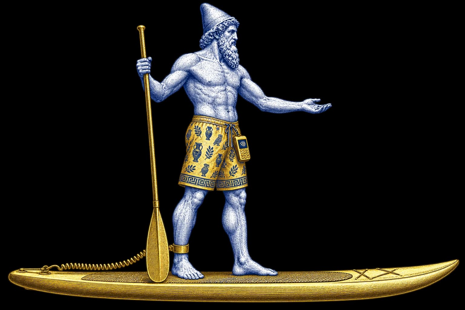 Charon on a golden paddleboard, open palm waiting for the fare